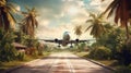 A large plane on the runway takes off among the palm. Concept: we are flying on vacation to a warm southern tropical resort Royalty Free Stock Photo