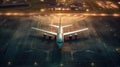 A large plane stands near the hangars on the runway. Top view of the plane