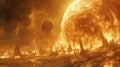 A large planet with a fiery atmosphere and many small planets, AI Royalty Free Stock Photo