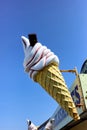 Large plastic ice-cream cornet against blue sky. Westward Ho! North Devon, England. Royalty Free Stock Photo