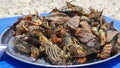 Large plate with a grilled seafood lobsters. BBQ exotic food on the beach. Selective focus Royalty Free Stock Photo