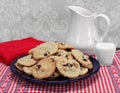 Large plate of homemade chocolate chip and walnut cookies.