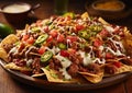 Large plate with nachos with beef,jalapeno,cheese and sauce on wooden table.Top view.Macro.AI Generative
