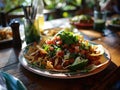 a large plate of tacos sits on a wooden table