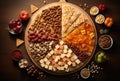 A large plate with various types of snacks. Fruits, nuts etc, AI