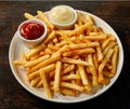 Large plateful of crispy French fries with dips