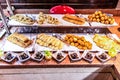 Large platters of middle eastern sweets dessert, baklava, pastry, honey, nuts, celebration feast in Egypt Makadi Bay