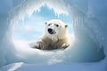 Large polar bear on ice. White bear on snowy background peeks out from a snowy den. Royalty Free Stock Photo