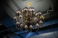 Large pompous classic chandelier in a basement loft interior. Eclecticism in interior design