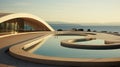 A large pool with a circular design in front of the ocean. Generative AI image.