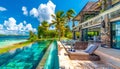 A large pool with lounge chairs and palm trees