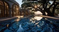 A large pool with a tree at the house with full-length windows.