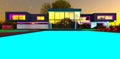 Large pool with turquoise water in front of the contemporary mansion for sale. Calm starry night. 3d rendering