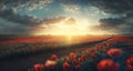 Large poppy field, sky background with clouds, bright sun. AI generated Royalty Free Stock Photo