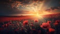 Large poppy field, sky background with clouds, bright sun. AI generated Royalty Free Stock Photo