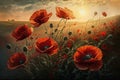 Large poppy field, sky background with clouds, bright sun. AI generated Royalty Free Stock Photo