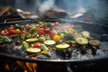 Large portion of grilled vegetables on a grill pan with smoke and flames. Generative AI