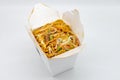 Large Portion of Pork Lo Mein in a White Chinese Takeout Box Royalty Free Stock Photo