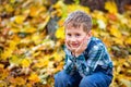 Large portrait of a boy in the open air. Cute boy walking in the autumn Park. The child looks at the camera with a smile