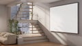 A large poster mockup is on the wall in a contemporary home hallway with modern staircases