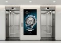 A large poster of a watch on a wall between two elevators Royalty Free Stock Photo