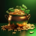 Large pot filled with gold coins, shamrocks and other green items. These coins are placed in pot as if it were treasure