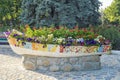 A large pot of flowers on the street. Street flowers in a pot of stone in the shape of a boat