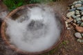 A large pot or pan over a fire while preparing a potion or meal, evaporating a large amount of steam while boiling water. Mystical Royalty Free Stock Photo