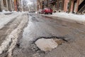 Large pothole in Montreal street, Canada