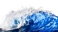 a large, powerful blue wave crashing and creating white foam against isolated white background