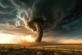 A large and powerful tornado cloud looms menacingly over an expansive field, posing a threat to the nearby surroundings, A massive