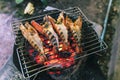 Large prawns are placed on an iron griddle and grilled over a hot coal stove Royalty Free Stock Photo