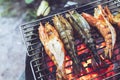 Large prawns are placed on an iron griddle and grilled over a hot coal stove Royalty Free Stock Photo