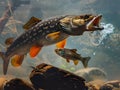 Conceptual predatory fish hunting smaller fish underwater with dynamic splash, vivid details. Royalty Free Stock Photo