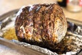 A large prime rib beef roast that was baked and roasted in the oven by a home gourmet chef for a holiday Christmas Royalty Free Stock Photo