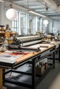 Large printers in a factory. Printing industry machines. Plotter for large prints