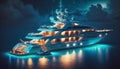 Modern private super yacht a swimming pool and a jacuzzi, harbor at night with reflection in water. generative ai Royalty Free Stock Photo