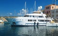 Large private luxury yacht moored in embankment the Old Town of Chania Royalty Free Stock Photo