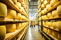 A large production room filled with many racks and shelves with different types of cheese. The cheese matures in a special room at