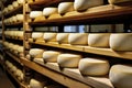 A large production room filled with many racks and shelves with different types of cheese. The cheese matures in a special room at