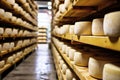 A large production room filled with many racks and shelves with different types of cheese. The cheese matures in a special room at