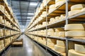 A large production room filled with many racks and shelves with different types of cheese. The cheese matures in a special room at