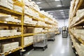 A large production room filled with many racks and shelves with different types of cheese. The cheese matures in a special room at