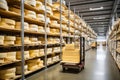 A large production room filled with many racks and shelves with different types of cheese. The cheese matures in a special room at