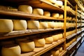 A large production room filled with many racks and shelves with different types of cheese. The cheese matures in a special room at