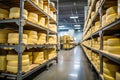 A large production room filled with many racks and shelves with different types of cheese. The cheese matures in a special room at