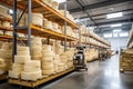 A large production room filled with many racks and shelves with different types of cheese. The cheese matures in a special room at