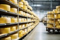 A large production room filled with many racks and shelves with different types of cheese. The cheese matures in a special room at