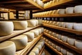 A large production room filled with many racks and shelves with different types of cheese. The cheese matures in a special room at