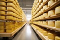 A large production room filled with many racks and shelves with different types of cheese. The cheese matures in a special room at